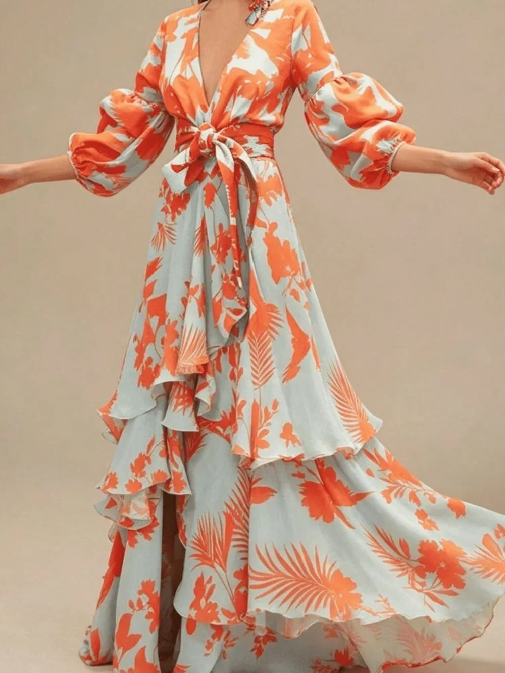 Red Elegant Women's A-Line V Neck & Kimono Sleeves Tropical Print Maxi Dress